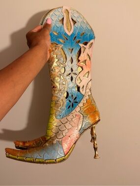 Source Unknown Multicolor Embossed Leather Western Stiletto Boot